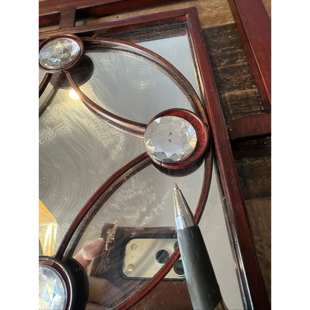 Set of 4 Vintage Gothic Wall Mirrors Red Metal Geometric Jeweled Window Panels